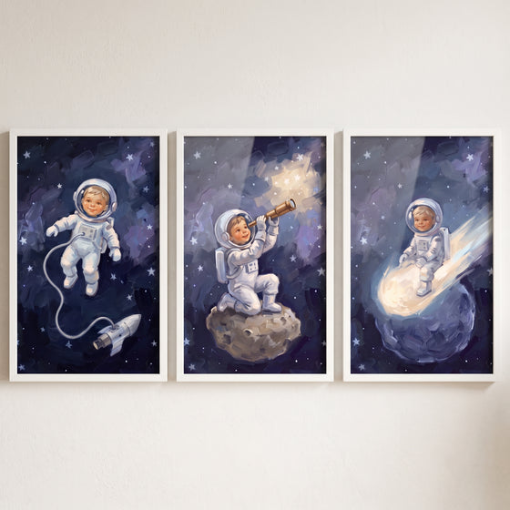 Deep cosmos child astronaut wall art set of 3 with a kid floating, using a telescope, and riding a comet among stars.