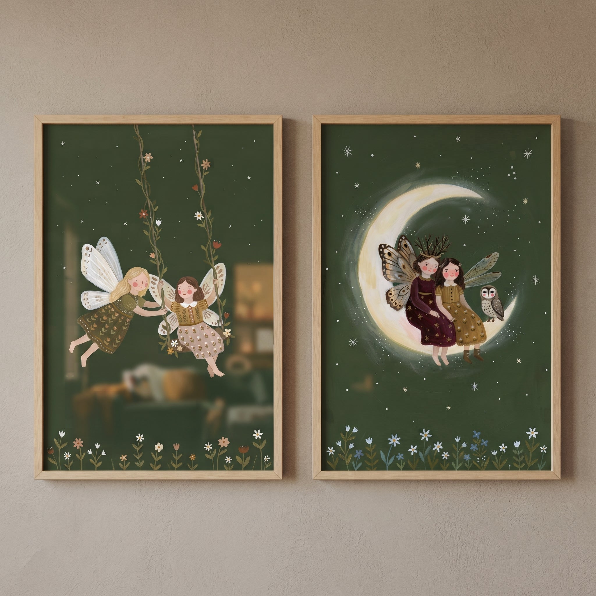Deep Emerald Green Fairies Wall Art Set of 2 - Moonlit Forest Dreams