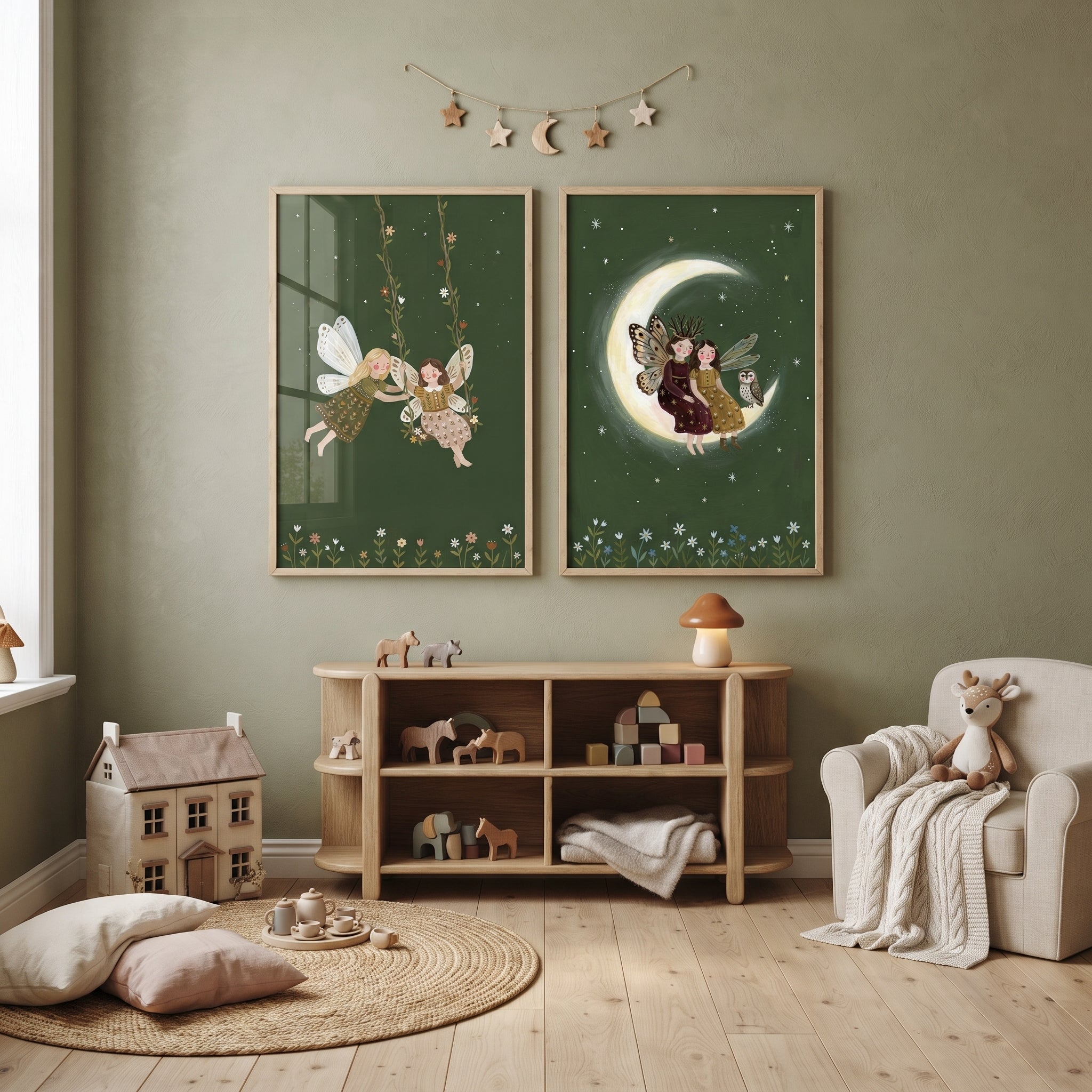 Deep Emerald Green Fairies Wall Art Set of 2 - Moonlit Forest Dreams