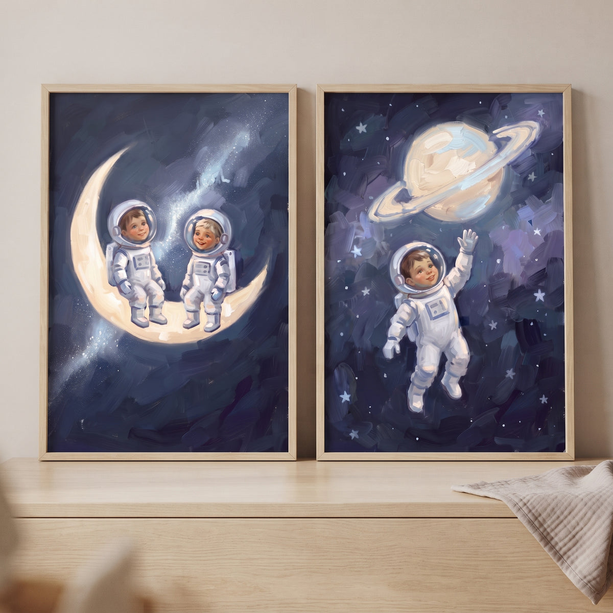 Deep Indigo Baby Astronaut Wall Art Set of 2 - Tiny Moon Astronauts