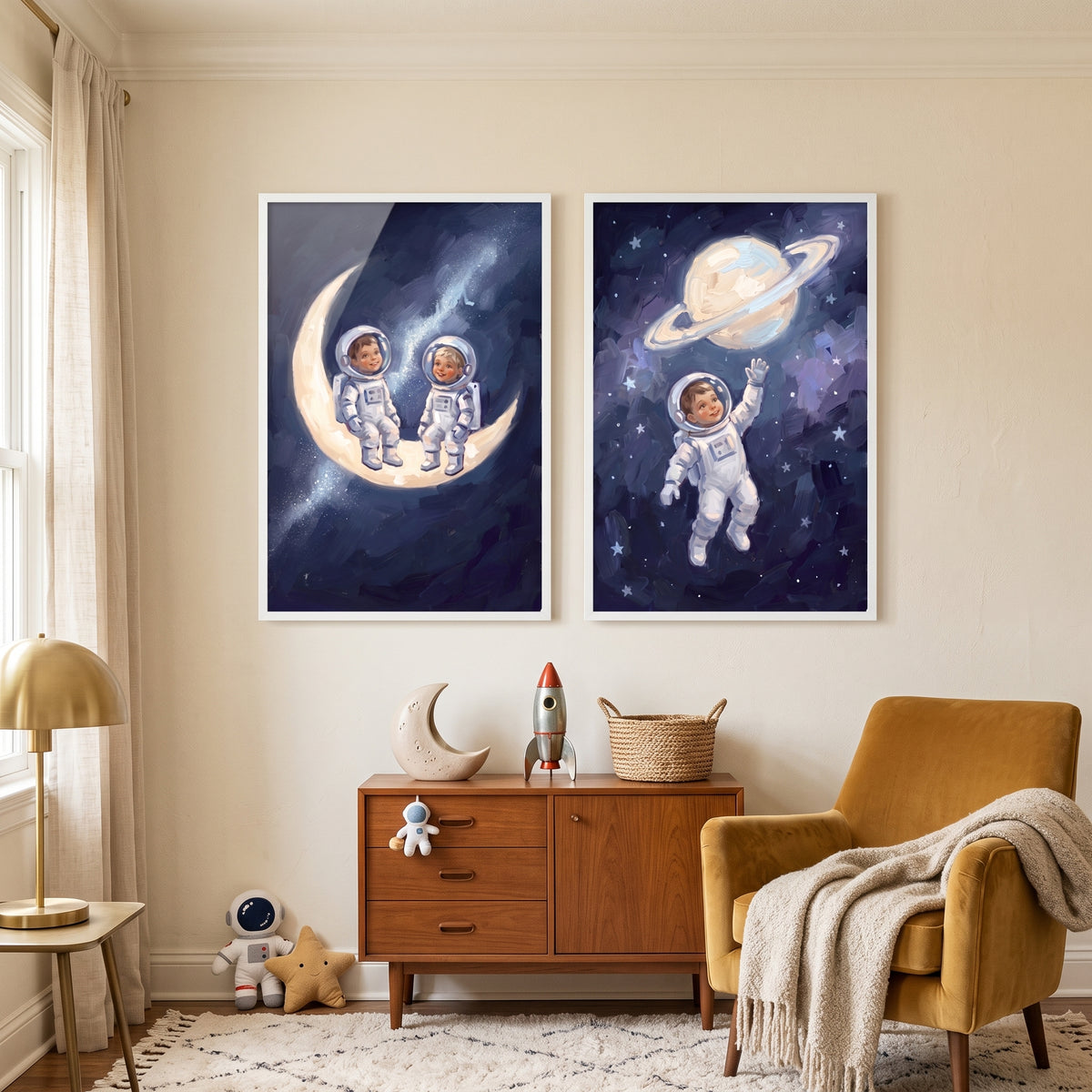 Deep Indigo Baby Astronaut Wall Art Set of 2 - Tiny Moon Astronauts