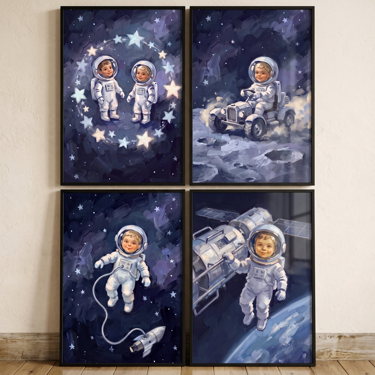 Deep obsidian child astronaut wall art set of 4 showing young explorers on the moon, near a space station, and in orbit.