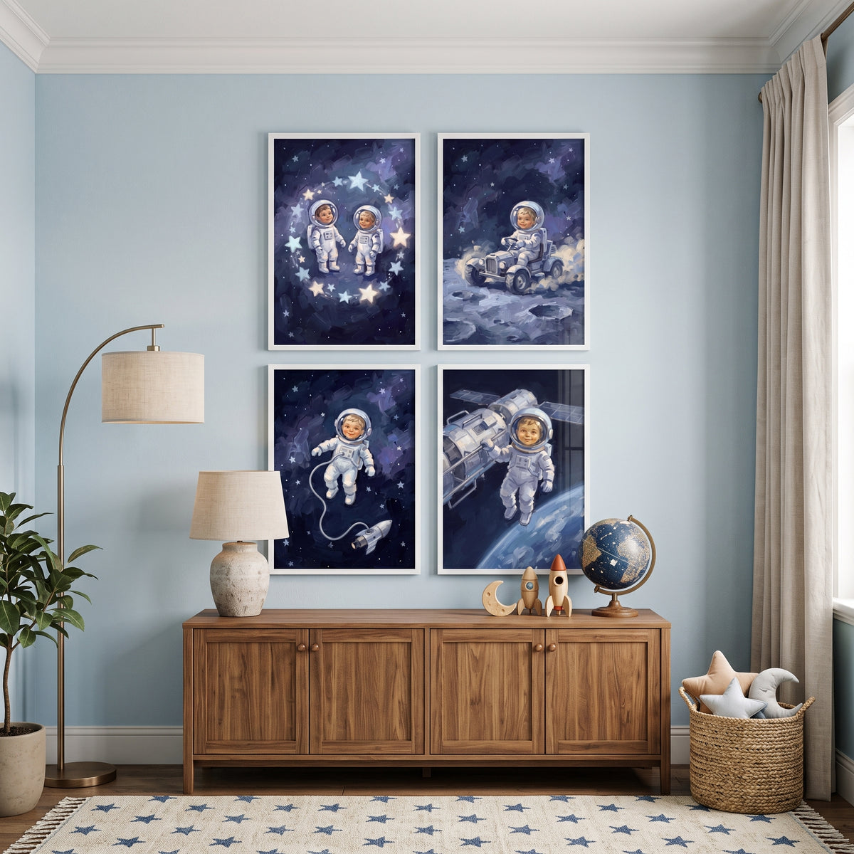 Deep Obsidian Child Astronaut Wall Art Set of 4 - Tiny Moon Travelers