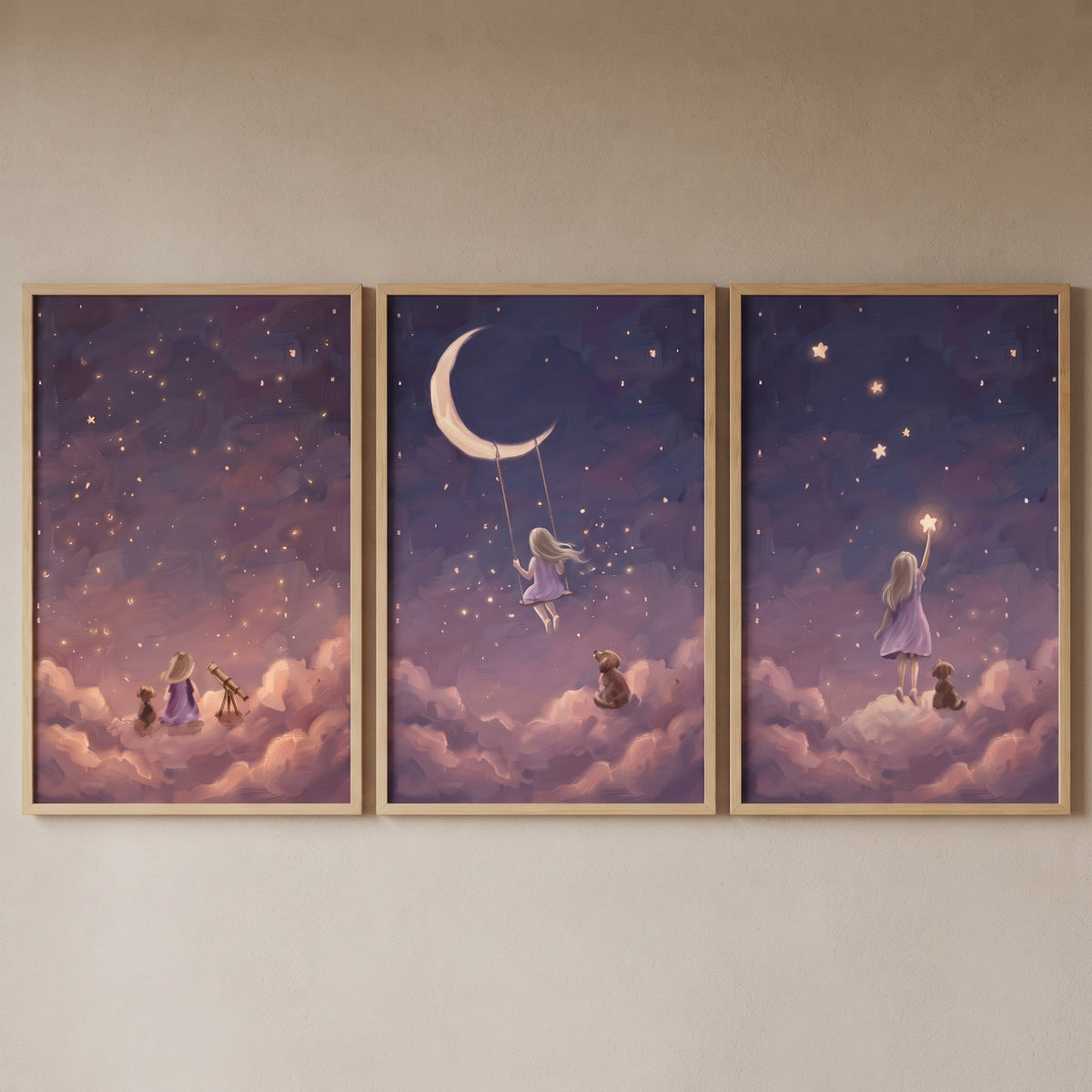 Deep purple girl dog wall art set of 3 showing a child and pet among whimsical clouds, stars, and a crescent moon.