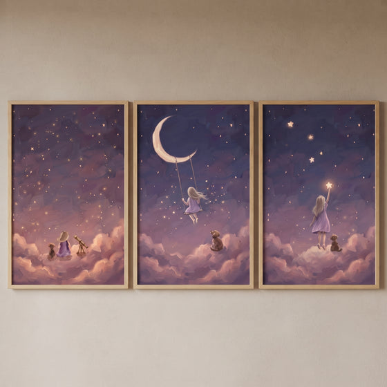Deep purple girl dog wall art set of 3 showing a child and pet among whimsical clouds, stars, and a crescent moon.