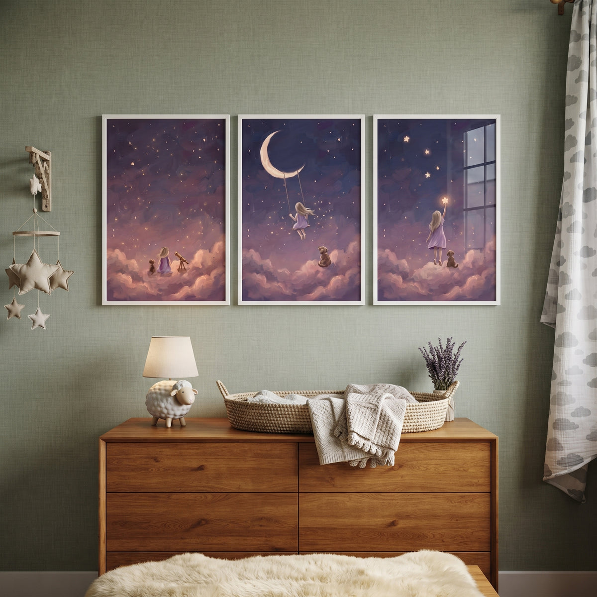Deep Purple Girl Dog Wall Art Set of 3 - Starlight Sky Dreams