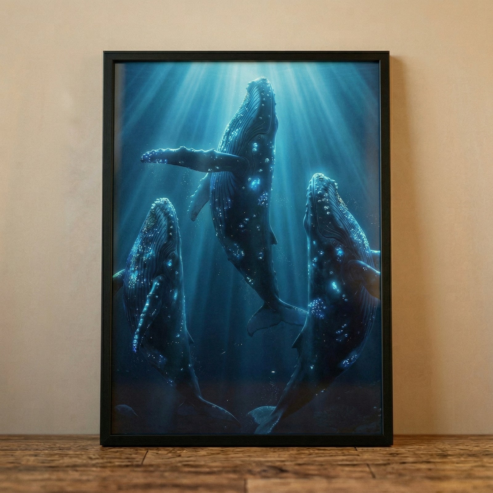 A framed digital illustration of three large whales swimming vertically through deep blue ocean water. The whales' dark bodies are covered in bright, bioluminescent blue spots that resemble a starry night sky. Ethereal shafts of sunlight pierce through the water from above, illuminating the scene. The artwork is held within a simple black frame and is hanging against a neutral, warm-toned wall.