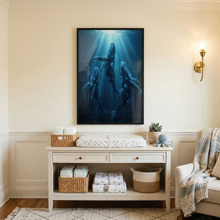 Cozy children’s room with a low wooden shelf filled with woven baskets, toys, and soft lighting, paired with a small armchair and play table. Above the shelf hangs a framed artwork of three manta rays swimming through deep blue water with sun rays streaming down, adding a calm ocean inspired focal point to the playful space.