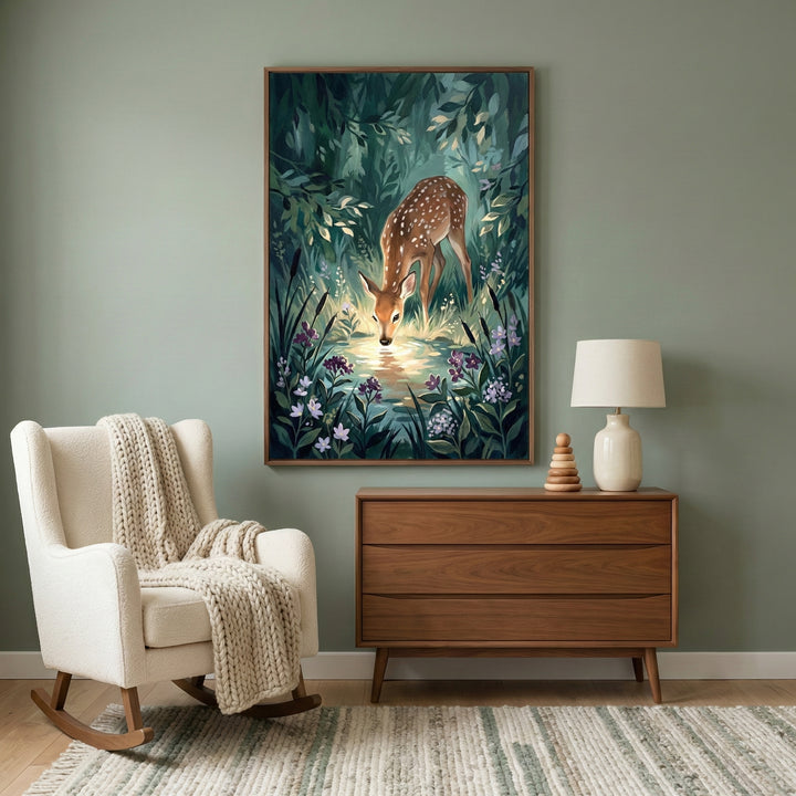 Framed deer artwork with glowing water displayed in a cozy, modern nursery featuring a wooden dresser and rocking chair. The warm tones and enchanted forest scene create a calming environment.