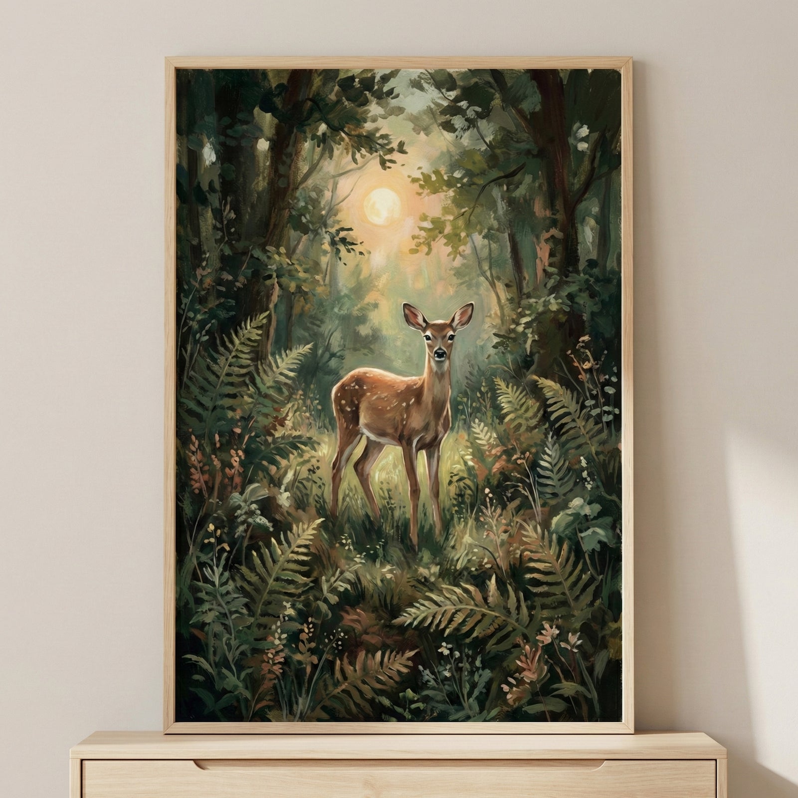 Lush woodland painting of a young deer standing in a sun-dappled forest clearing surrounded by ferns, wildflowers, and tall trees. The warm sunlight filters through the canopy, casting a magical golden glow.