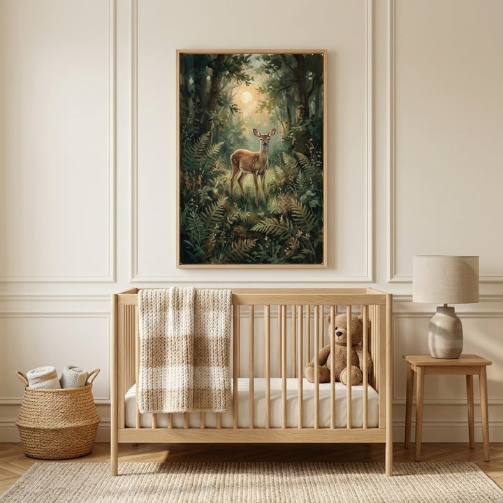 Framed deer artwork displayed above a crib in a softly lit nursery. The painting’s serene forest scene with a gentle doe evokes a peaceful, nature-inspired ambiance.