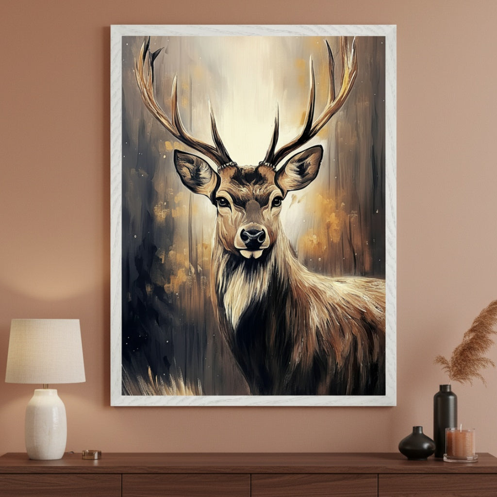A large framed painting of a stag with antlers looking forward, in a textured forest setting with dark and golden tones, hangs centered above a dark wood console table in a modern living room.
