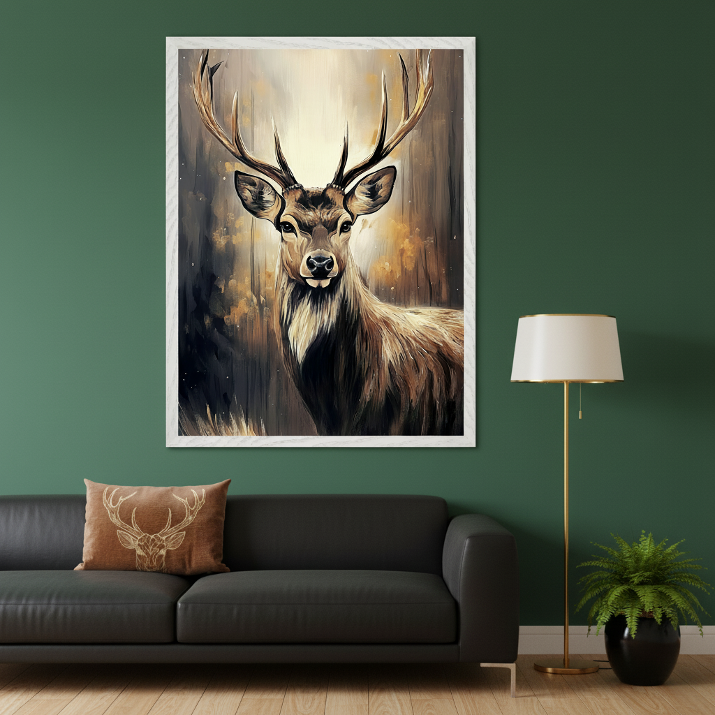 Modern living room with a black sofa. A large framed painting of a deer with prominent antlers in a painterly style hangs above the sofa. A brown pillow with a deer motif is on the sofa. A gold floor lamp and a potted fern are on the right.