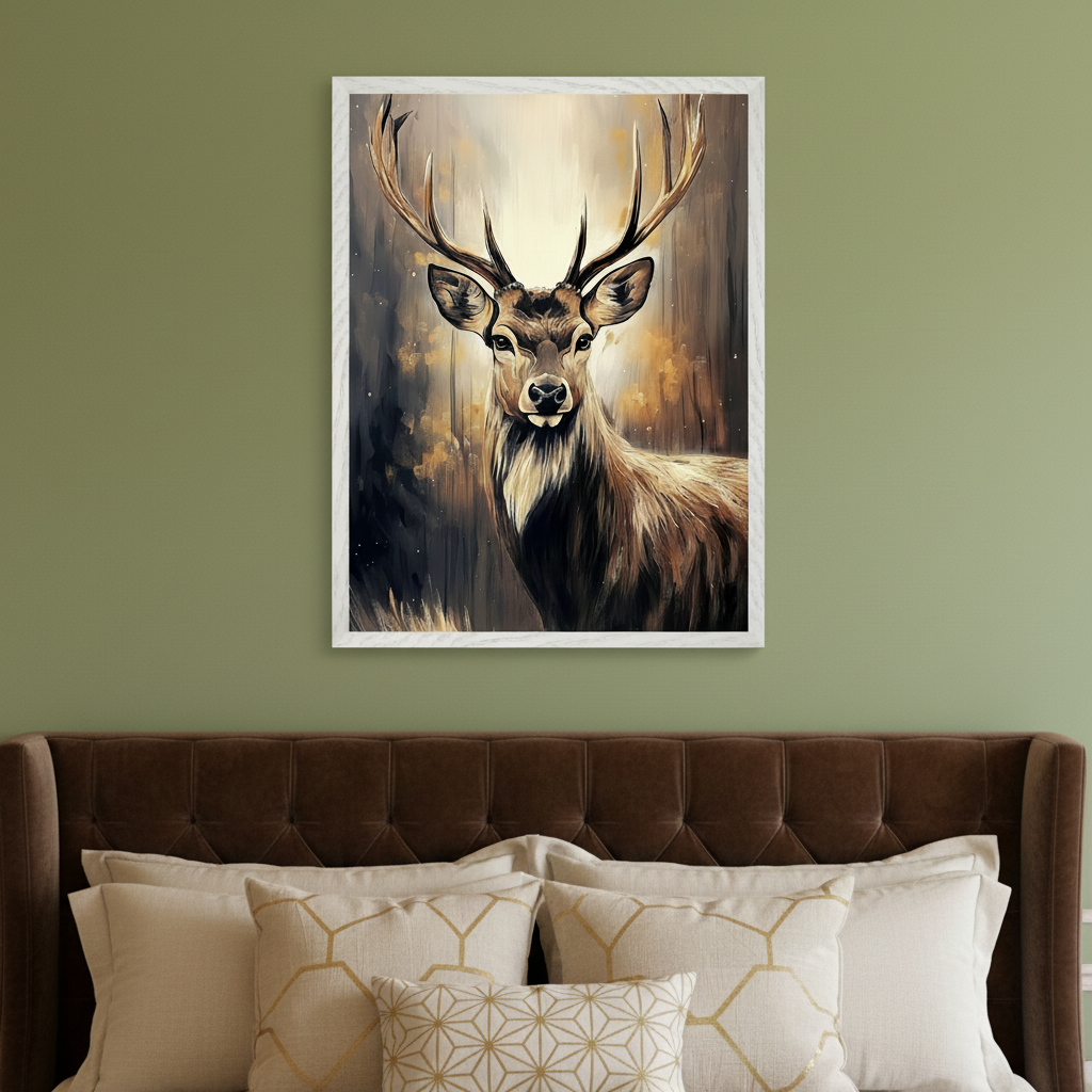 Modern bedroom with a brown upholstered bed. A framed painting of a large stag in an impressionistic style with a dark forest and golden light background hangs centered above the bed.