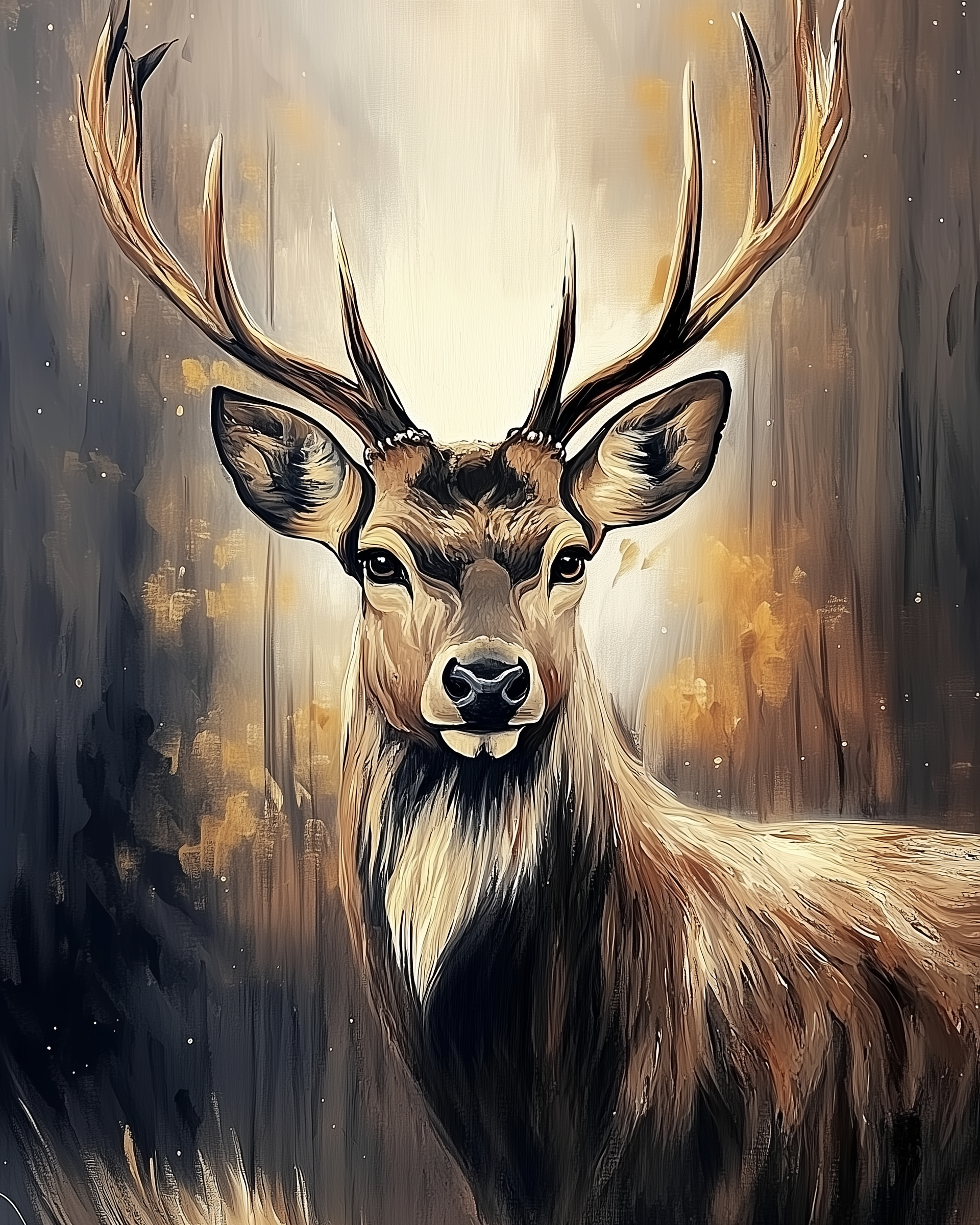 A detailed painting of a stag with large antlers standing in a forest bathed in golden light. The contrast of warm highlights and dark shadows gives the scene a magical, serene atmosphere.
