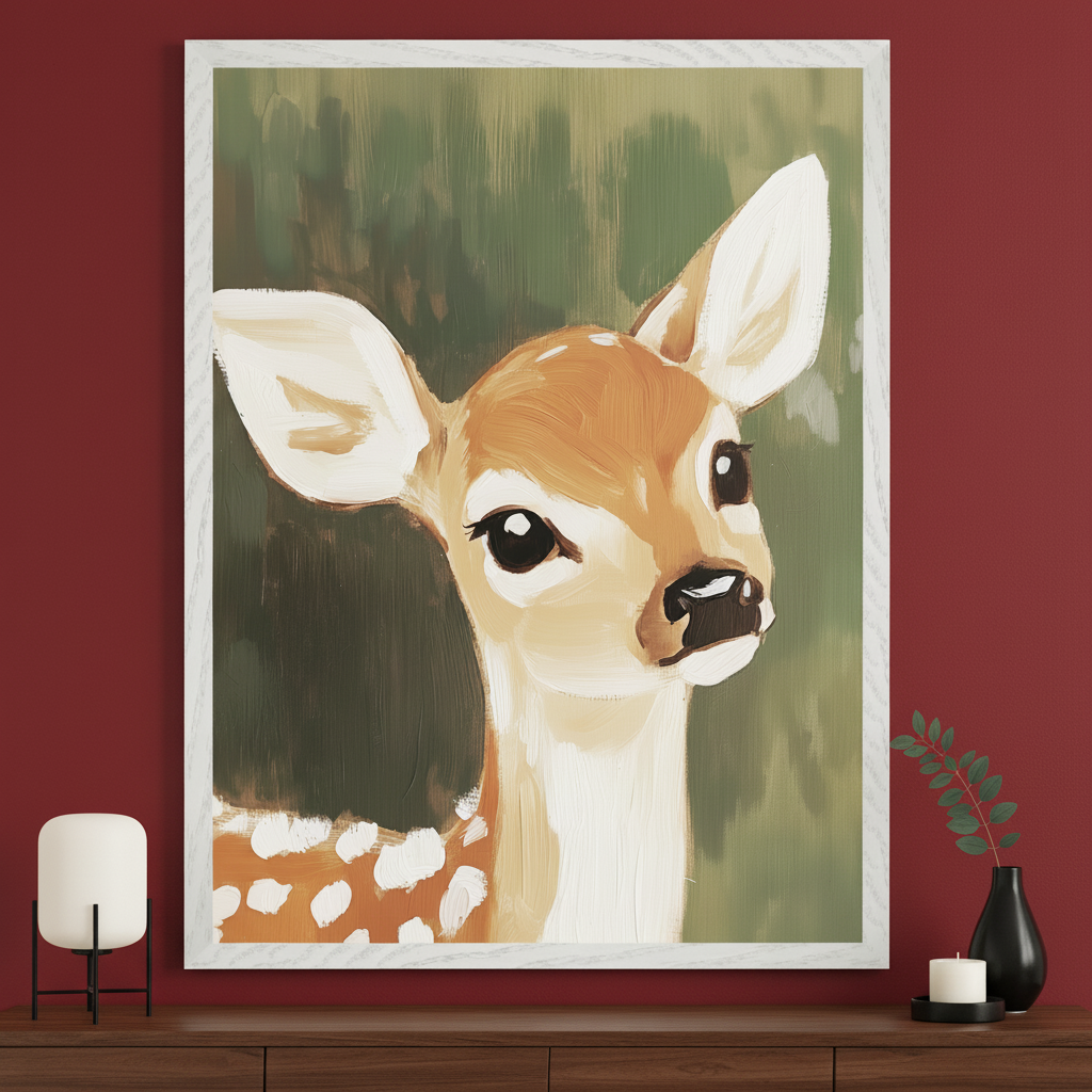 Modern room with a red wall. A large framed painting of a fawn in an illustrative style with visible brushstrokes hangs above a dark wood dresser. A white lamp and a black vase with foliage are on the dresser.