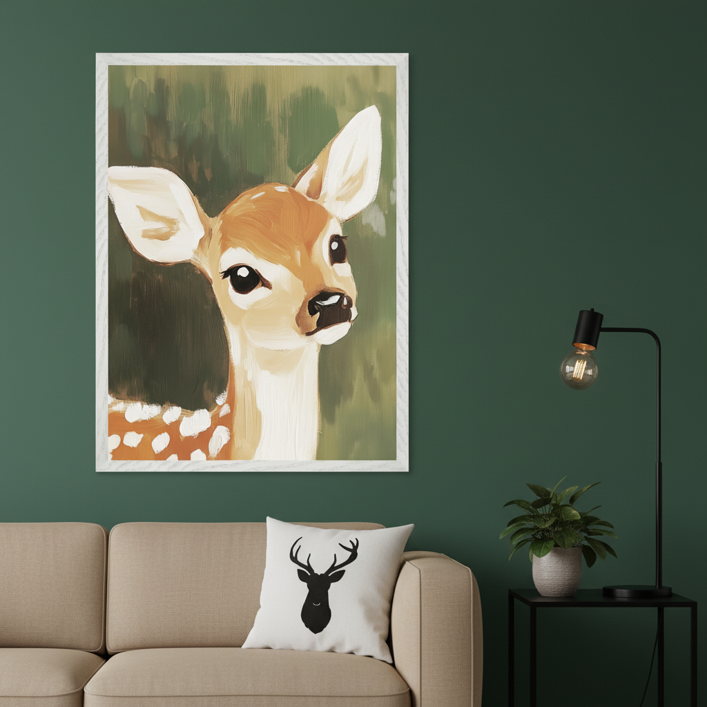 Modern living room with a beige sofa against a dark green wall. A large framed painting of a fawn with big eyes in a painterly style hangs above the sofa. A black side table with a plant and lamp is to the right. A white deer silhouette pillow is on the sofa.