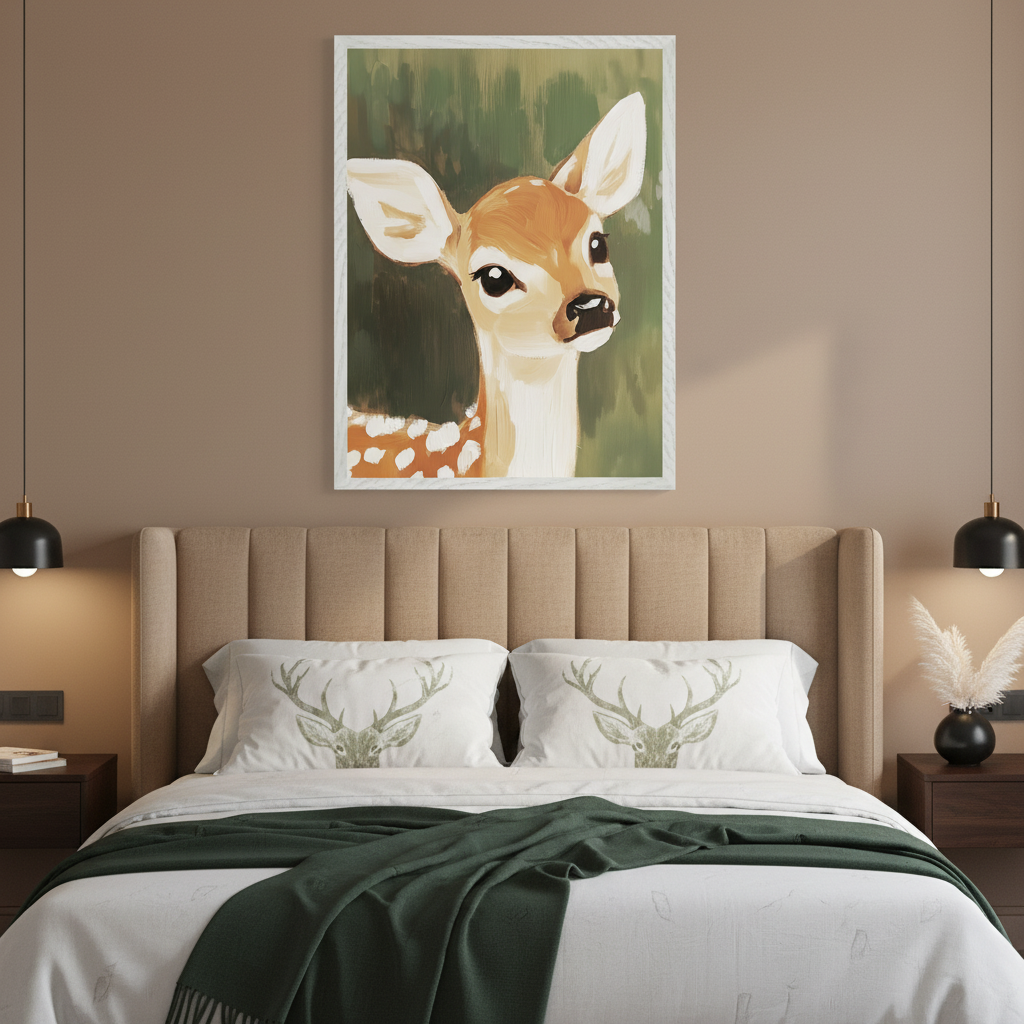Modern bedroom with a beige upholstered bed. A large framed painting of a fawn with white spots in an illustrative style, against a green background, hangs centered above the bed.