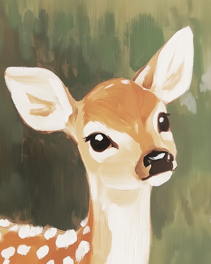 A close-up painting of a young deer with wide eyes and soft white spots on its back. The warm brown and cream tones stand out against a blurred forest green background.
