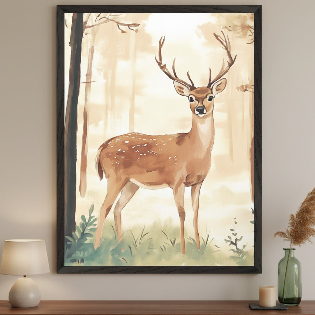 Modern living room with a wooden dresser. A large black-framed watercolor painting of a brown deer with white spots and antlers in a hazy forest hangs centered above the dresser. A lamp and a vase with dried pampas grass are on the dresser.