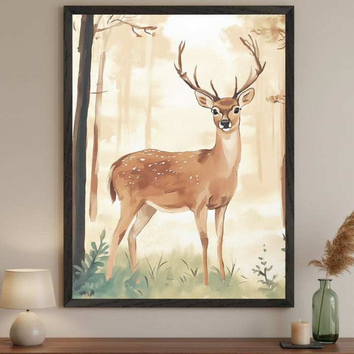 Modern living room with a wooden dresser. A large black-framed watercolor painting of a brown deer with white spots and antlers in a hazy forest hangs centered above the dresser. A lamp and a vase with dried pampas grass are on the dresser.