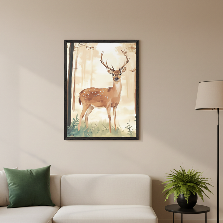 Modern living room with a white sectional sofa and green pillow. A framed watercolor painting of a spotted deer with antlers in a light forest hangs above the sofa, to the left of a black floor lamp. A round table with a potted fern is next to the lamp.