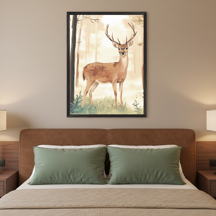 Bedroom with a brown bed, green pillows, and beige blanket. A large framed watercolor painting of a spotted deer with antlers in a light forest hangs centered above the bed. Wooden nightstands with lamps flank the bed.