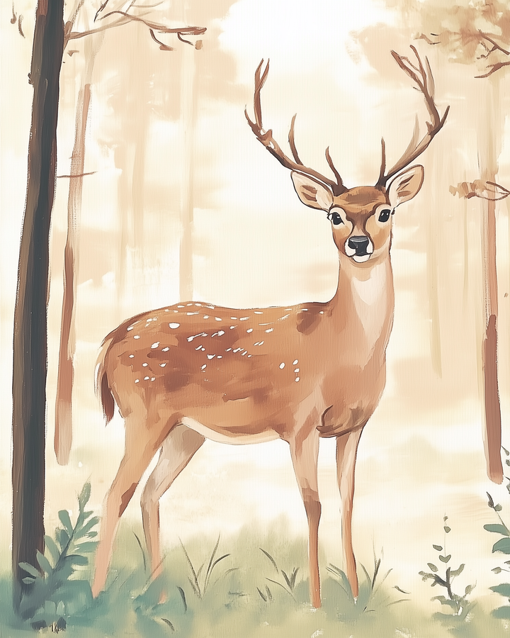 A serene painting of a brown deer with white spots and large antlers standing in a misty woodland. The soft, muted tones and minimal background create a peaceful, natural atmosphere.
