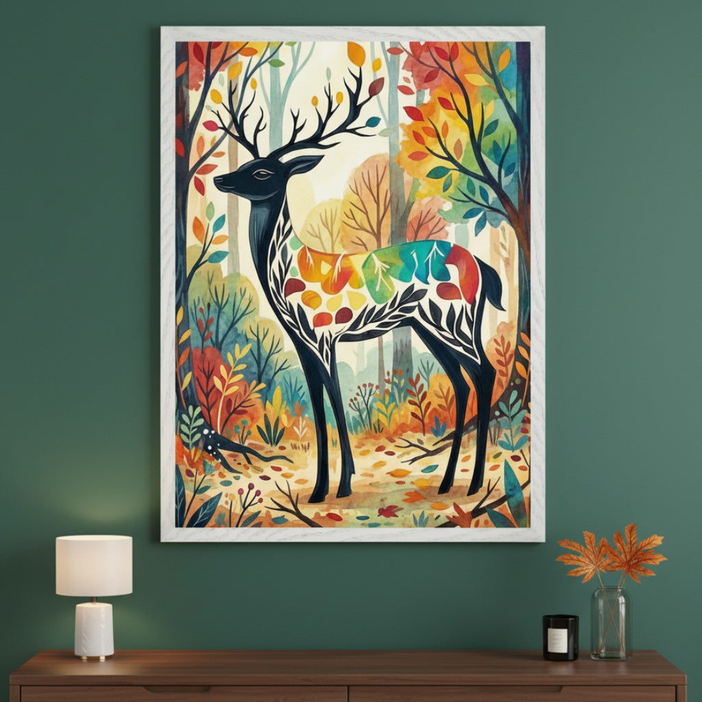 Modern room with dark green wall and wooden dresser. Large framed watercolor painting of a black deer with colorful leaf patterns in an autumn forest hangs centered above the dresser. A white lamp and fall leaves are on the dresser.