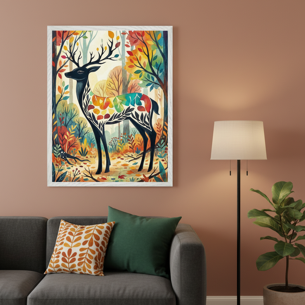 Living room with a large framed print of a stylized black deer with colorful leaf patterns in an autumn forest, hanging above a gray sofa. A floor lamp and a potted plant are on the right. The sofa has an orange patterned and a dark green pillow.