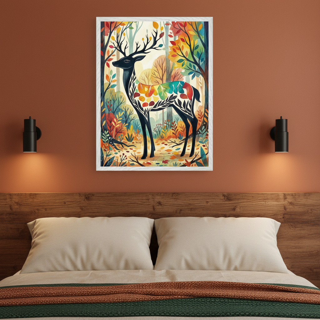 Modern bedroom with a wooden headboard bed. A large framed print of a stylized black deer with colorful leaf patterns on its body in an autumn forest, watercolor style, hangs centered above the bed on a rust-colored wall.