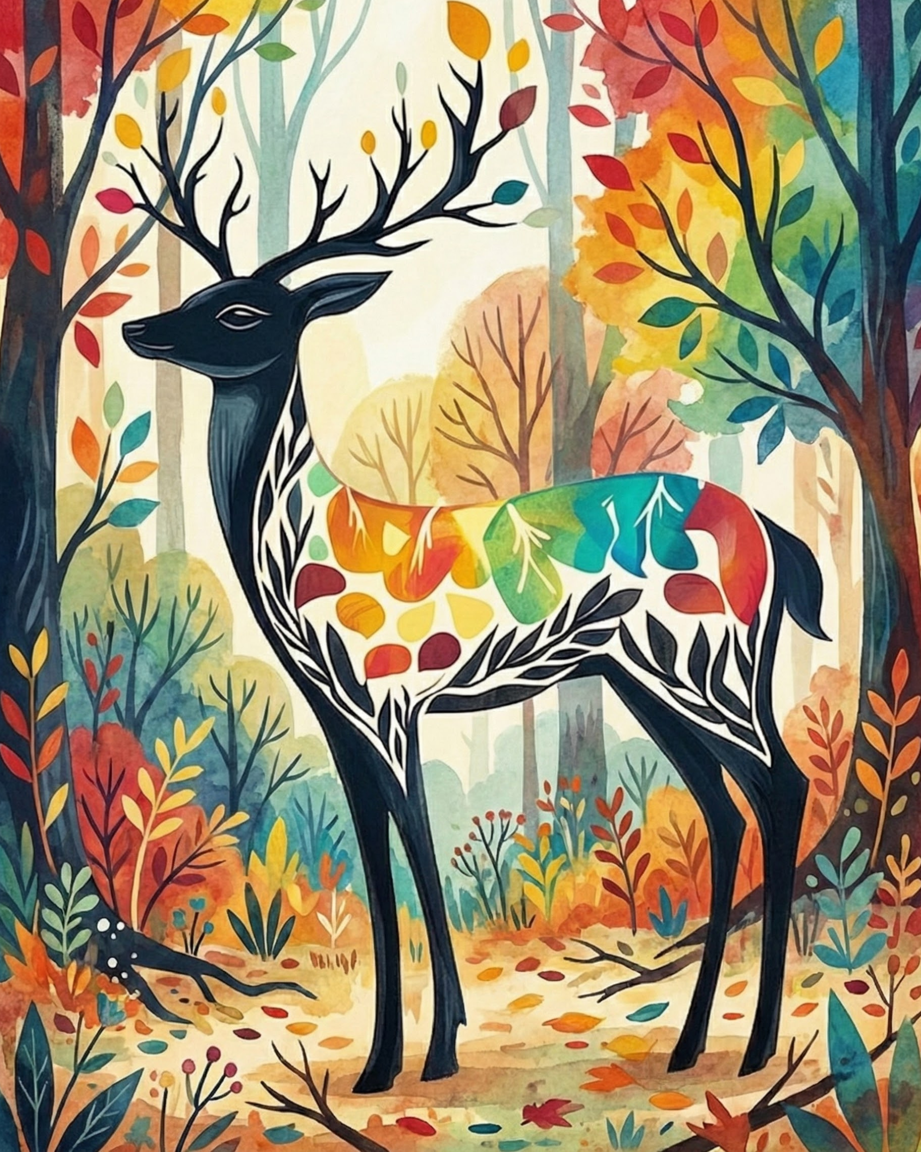 Stylized illustration of a black deer with intricate leaf patterns and a rainbow of colors across its body, standing in a vibrant forest filled with red, orange, yellow, and blue foliage
