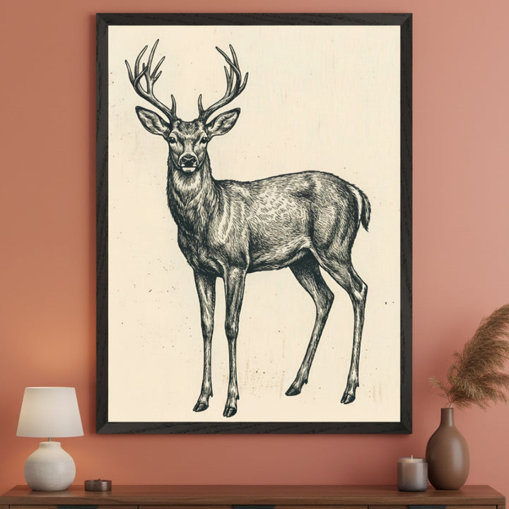 Bedroom with a wooden console table. A large, dark-framed print of a detailed black and white drawing of a deer with prominent antlers hangs above the table. A white lamp and a vase with pampas grass are on the table.