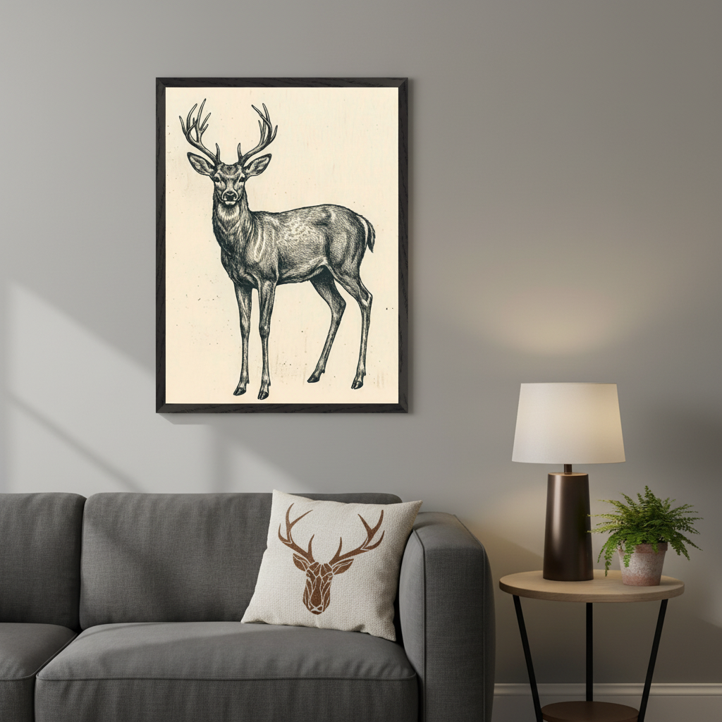 Living room with a gray sofa. A framed drawing of a standing deer in an engraving style hangs above the sofa. A decorative deer pillow is on the sofa, with a lamp and plant on a side table to the right.