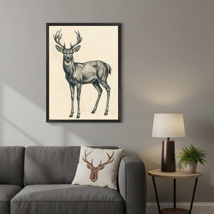 Living room with a gray sofa. A framed drawing of a standing deer in an engraving style hangs above the sofa. A decorative deer pillow is on the sofa, with a lamp and plant on a side table to the right.