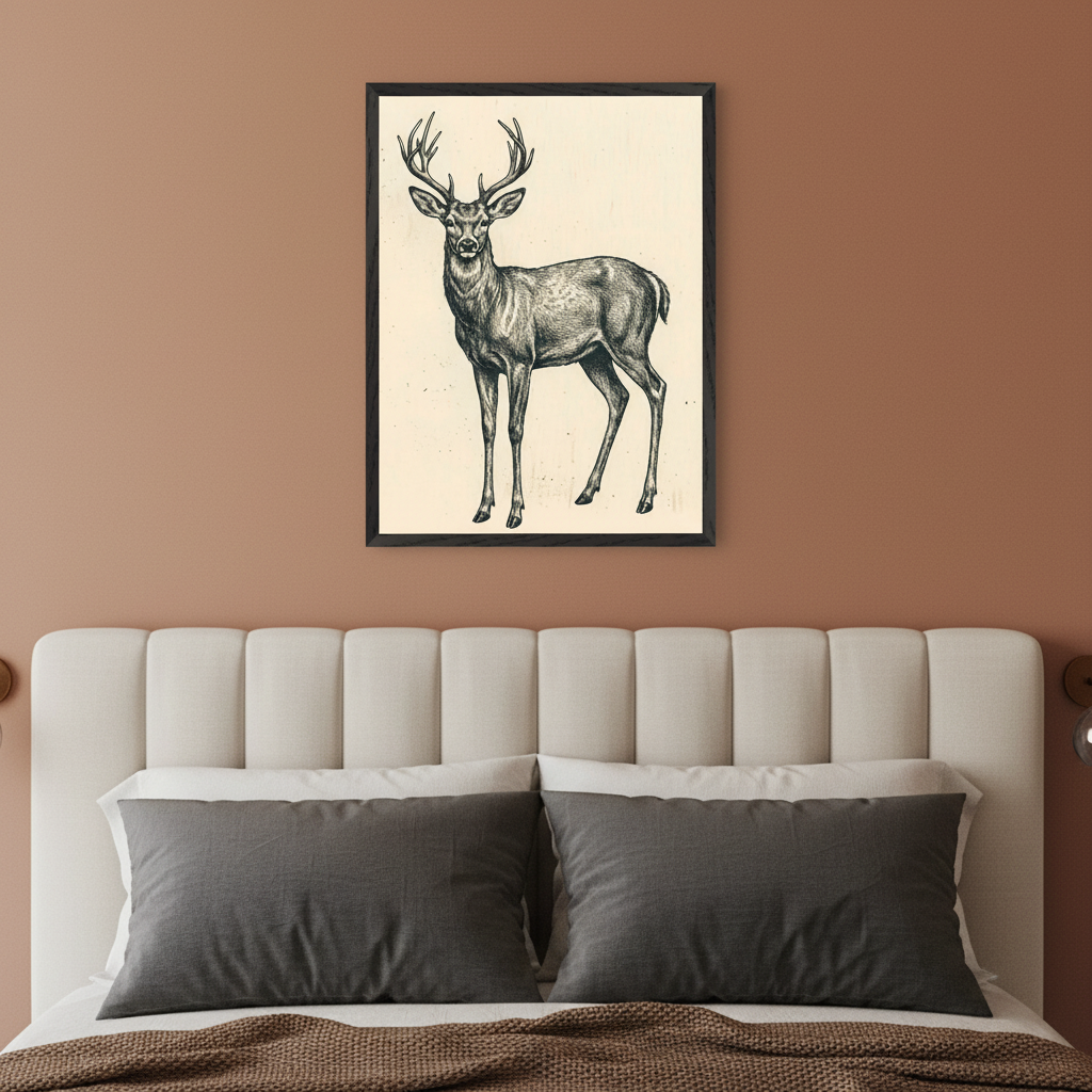 Modern bedroom with a warm brown wall and a bed with a cream padded headboard and dark gray pillows. A black-framed print of a realistic black and white illustration of a standing buck with antlers hangs above the bed, slightly to the right.