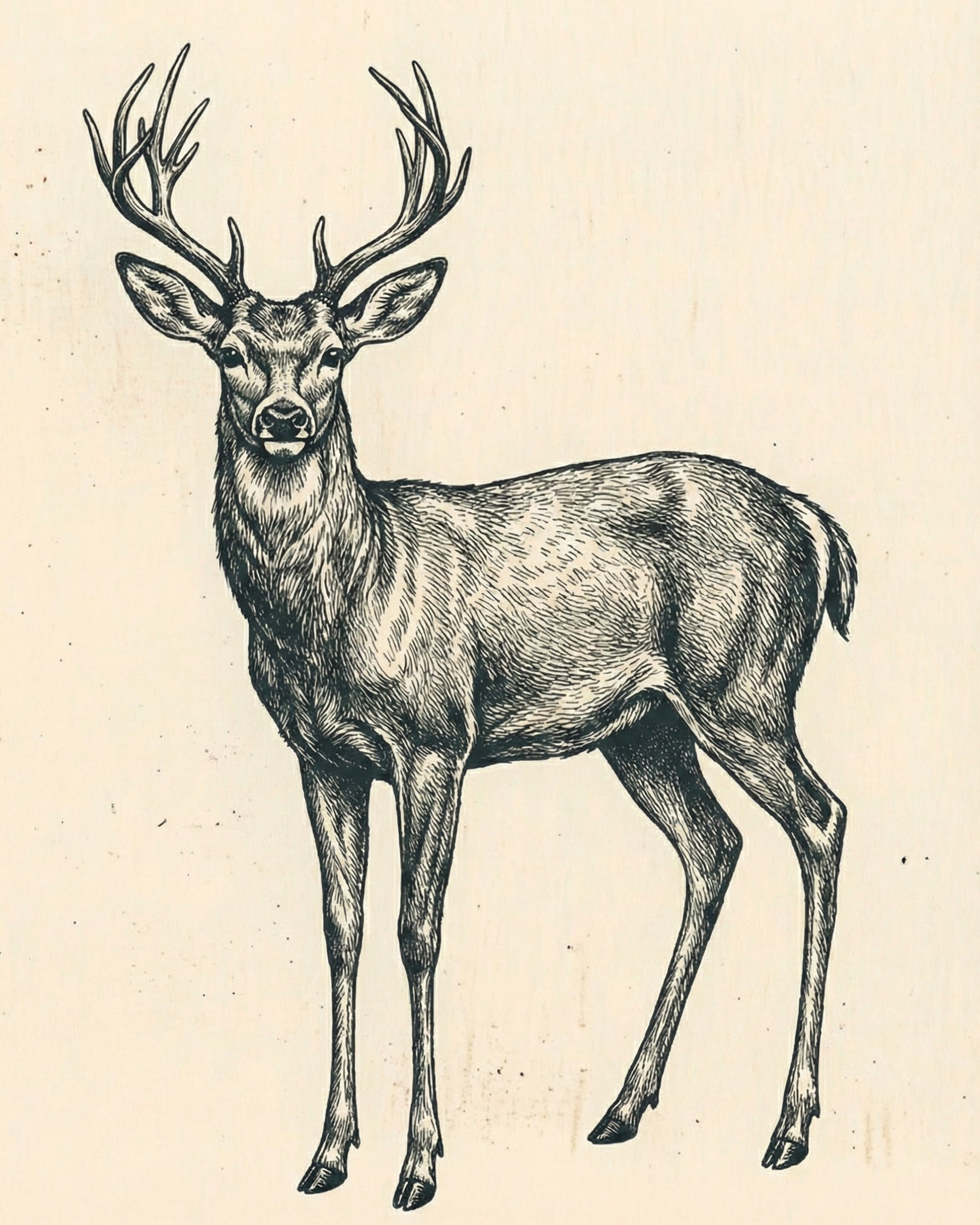 Classic ink-style drawing of a deer with large antlers standing still and looking forward, detailed with fine linework on a plain background
