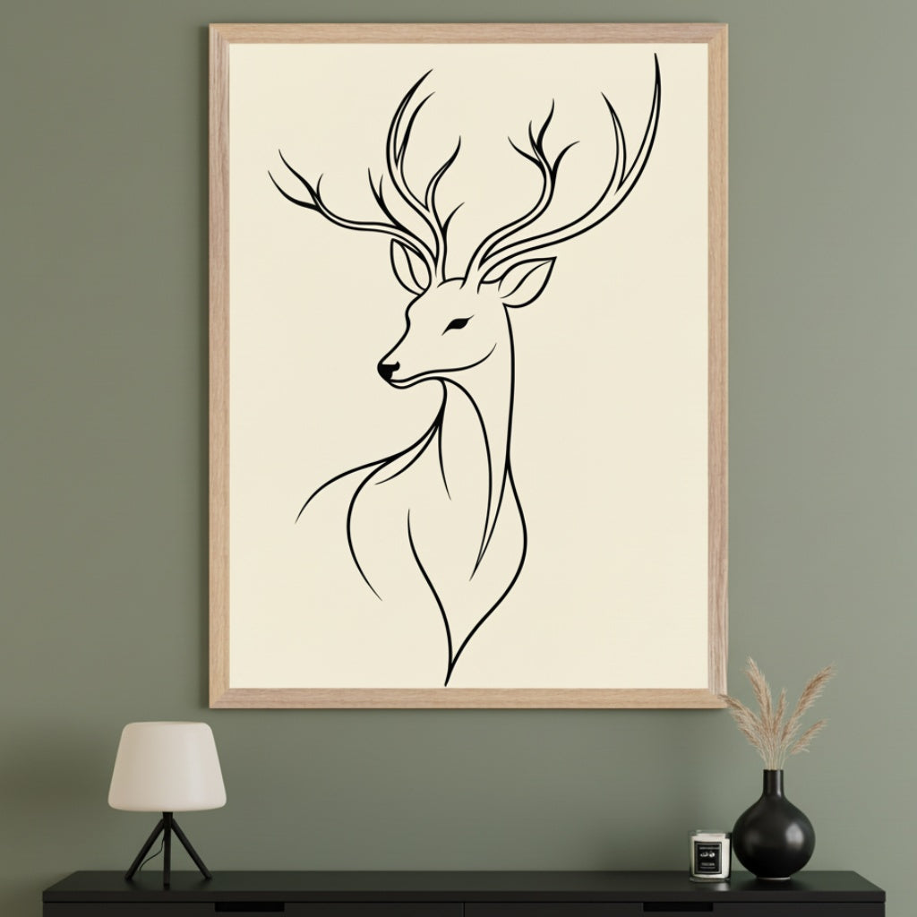 Modern living room with a large framed minimal line art drawing of a deer with antlers on a cream background, centered above a black credenza. A white lamp is on the left; a black vase with dried grasses and a candle are on the right.