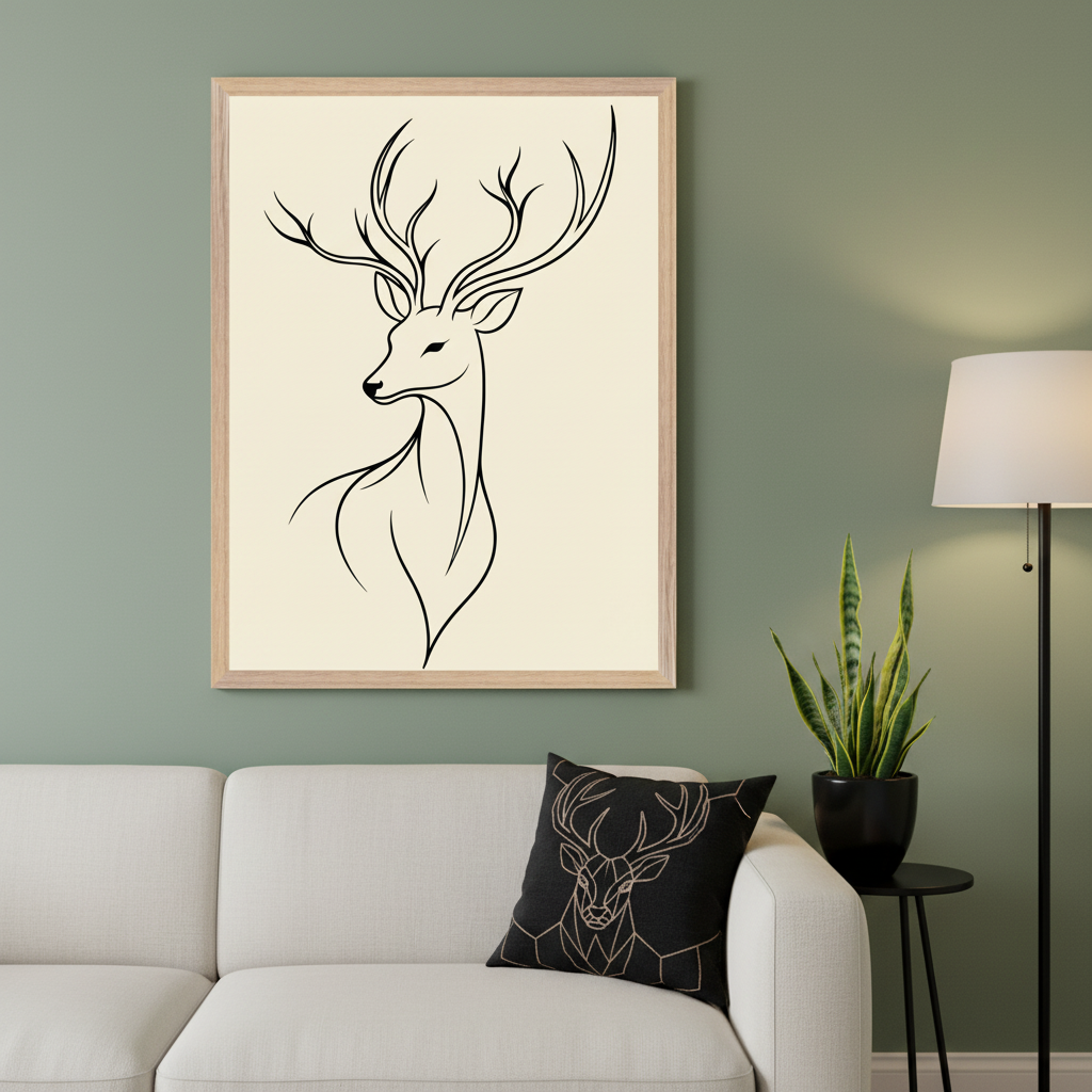 Modern living room with a white sofa. A large framed minimalist black line art of a deer with antlers in a light wooden frame hangs above the sofa. A black geometric deer cushion is on the sofa.
