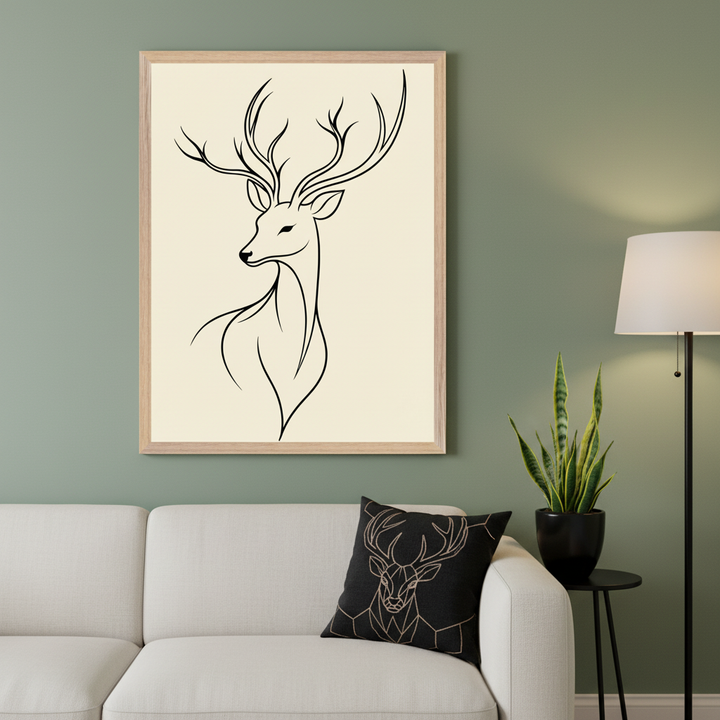 Modern living room with a white sofa. A large framed minimalist black line art of a deer with antlers in a light wooden frame hangs above the sofa. A black geometric deer cushion is on the sofa.