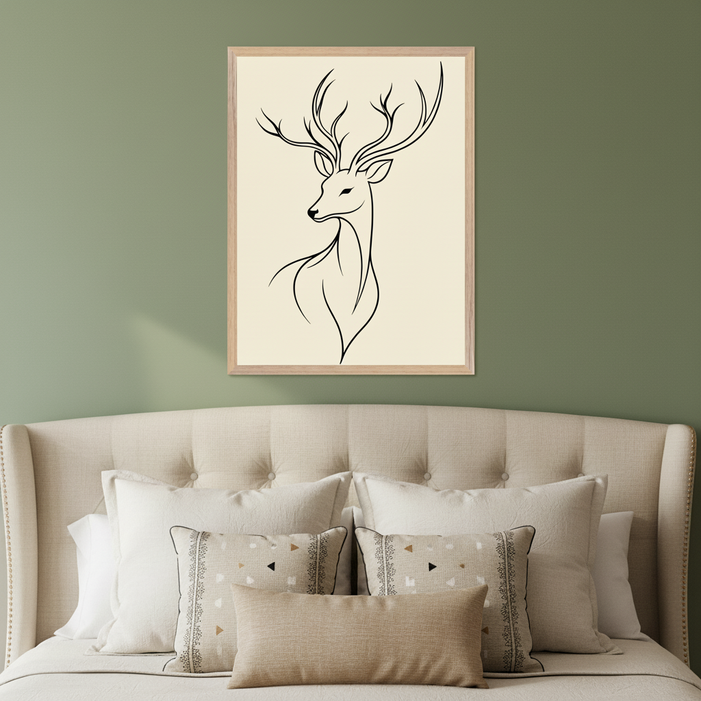 Bedroom with a large beige upholstered bed against a green wall. A framed minimalist black line art drawing of a deer with antlers hangs centered above the bed.