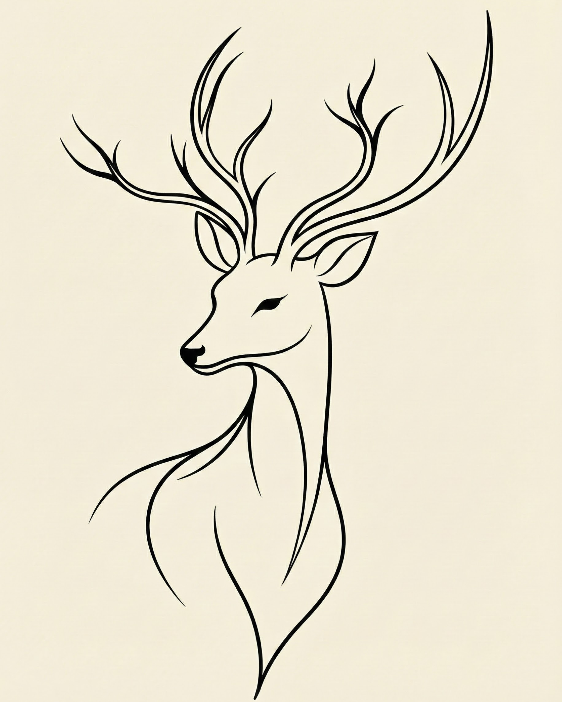 Elegant black line drawing of a deer with large antlers on a light beige background, showcasing clean curves and a modern minimalist style
