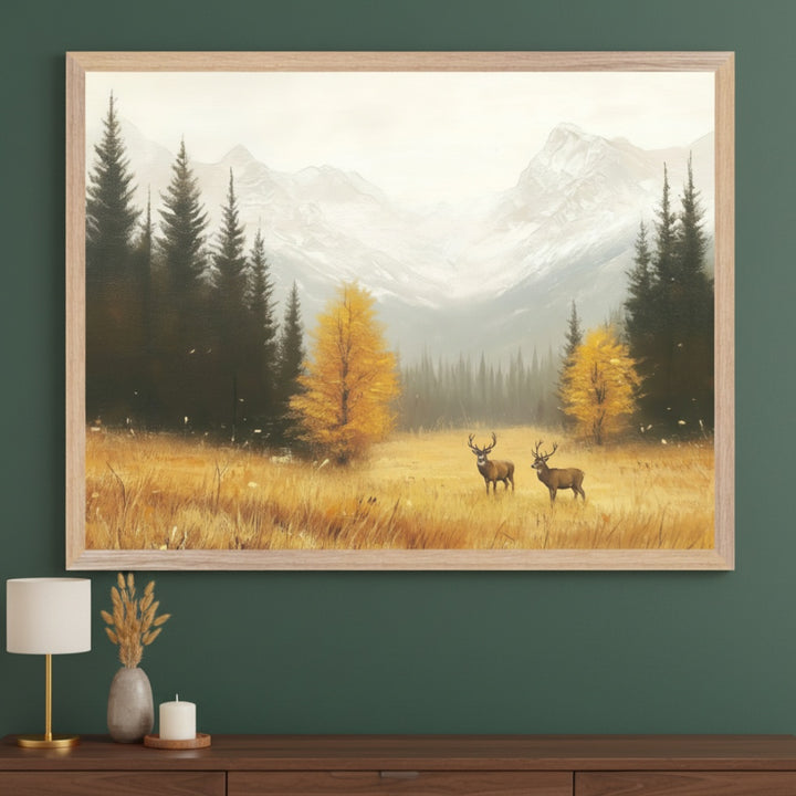 Modern living room with a dark wooden console table. A large framed painting of an autumn mountain landscape with evergreen and golden trees, a field of tall grass, and two deer hangs centered above the table.