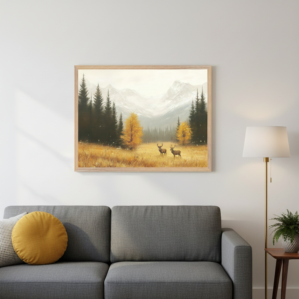 Living room with a gray sectional sofa, gold floor lamp, and wooden side table. A framed painting hangs centered above the sofa, depicting an autumn landscape with pine trees, snow mountains, a golden meadow, and two deer.