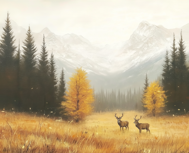Two deer standing in a golden meadow surrounded by yellow trees and tall pines with a misty mountain range in the background, evoking a peaceful autumn scene
