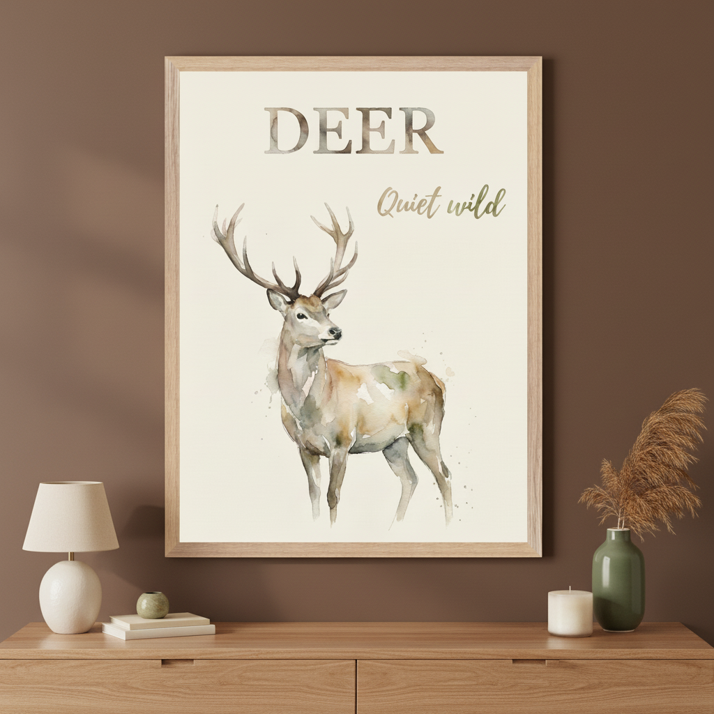 Modern room with a light wood dresser. A large, light wood-framed watercolor print of a stag with antlers and text "DEER Quiet wild" hangs centered above the dresser.