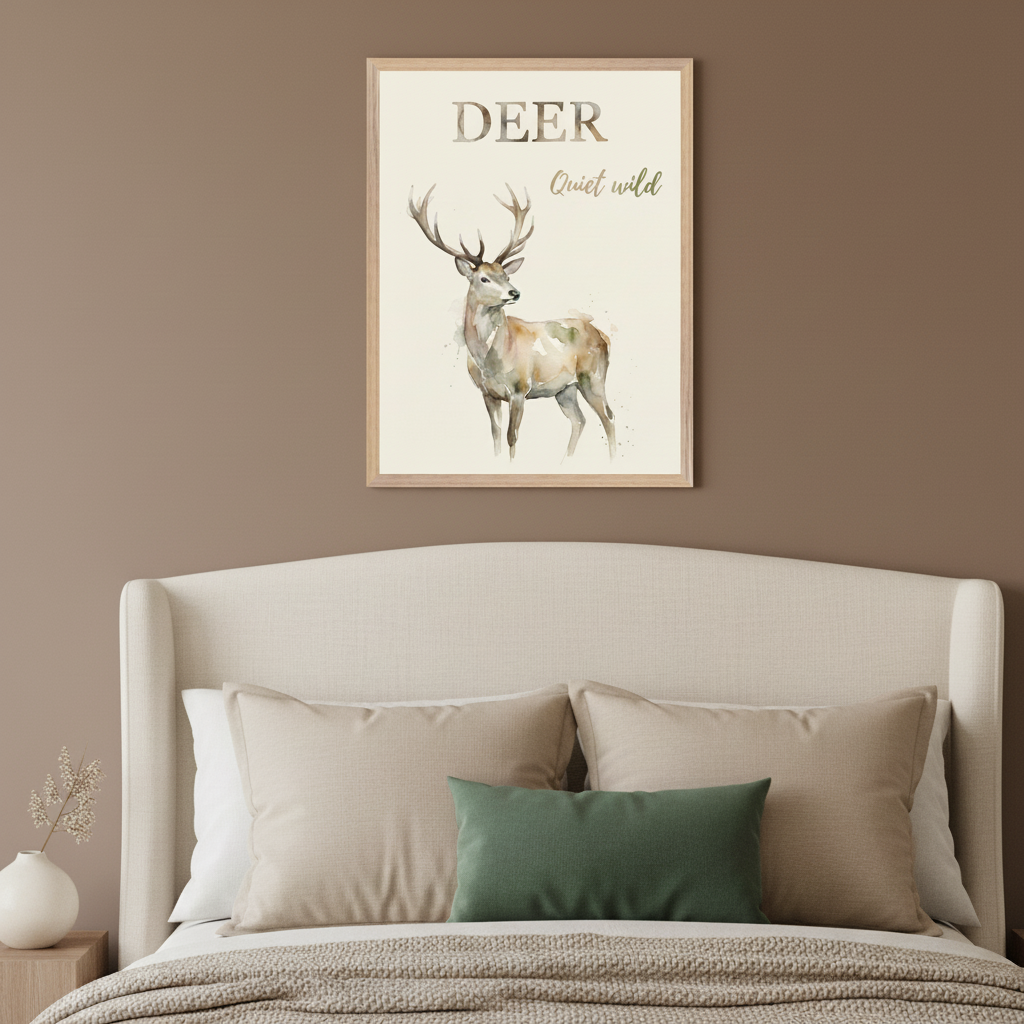 Bedroom with a cream upholstered bed and neutral bedding. A framed watercolor art print of a deer with antlers and the text "DEER Quiet wild" hangs centered above the headboard.