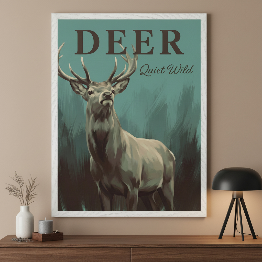 Modern living room with a dark wood dresser. A large white-framed poster featuring a deer with antlers on a teal brushstroke background hangs above the dresser. The poster has 'DEER' and 'Quiet Wild' text. A vase and a lamp are on the dresser.
