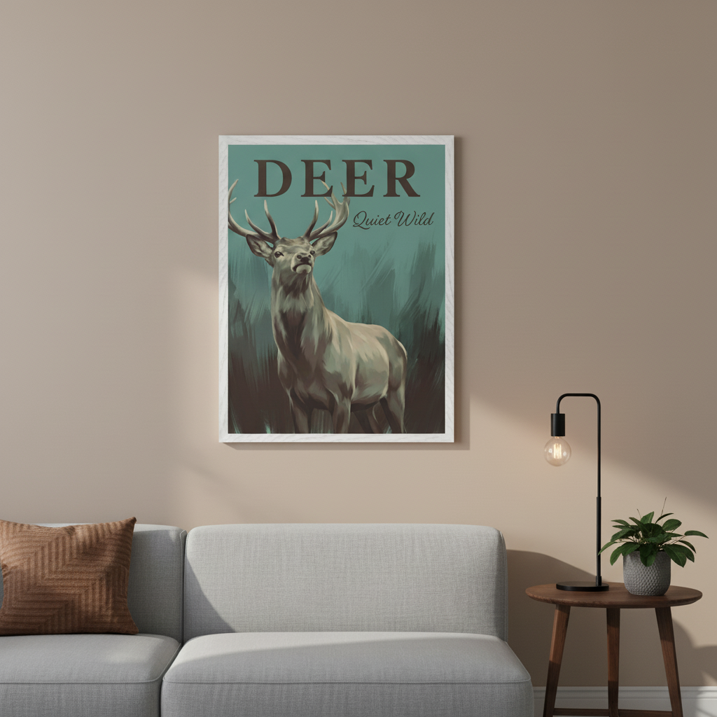 Modern living room with a light grey sofa and a wooden side table. A large framed poster of an illustrated deer with antlers, featuring "DEER Quiet Wild" text, hangs on the wall above the sofa.