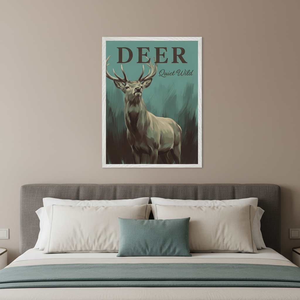 Modern bedroom with a bed featuring a gray headboard and teal accents. A large white-framed poster of a deer with antlers, titled "DEER Quiet Wild" on a teal background, hangs centered above the bed.